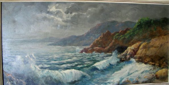 Original Oil Painting Seascape Mountains French OLD SIGNED