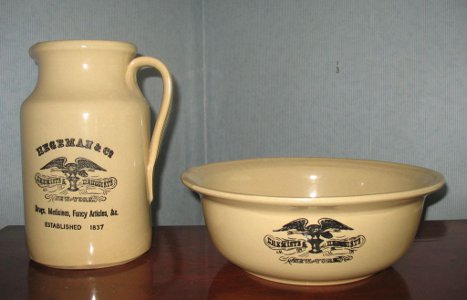 Large Old NY Druggist Medicine Pottery Pitcher Bowl Basin Set England Apothecary