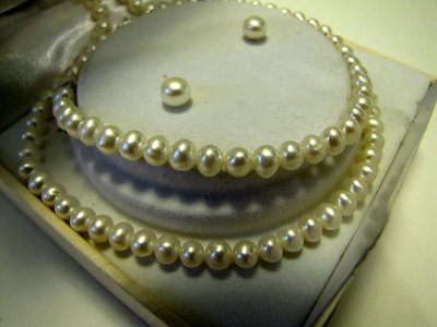 Cultured Pearl Necklace Bracelet Earrings Set Sterling Silver